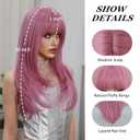 PARK YUN Long Straight Pink Wig with Bangs for Women 26 Inch Neon Pink Hair Synthetic Heat Resistant Pastel Layered Wig Sexy Colored Rose Gold Wigs for Cosplay Christmas Gifts Party