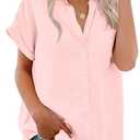 Paintcolors Women's Casual Short Sleeve Button Down Shirts Cotton Blouses V Neck Casual Tunics Solid Color Tops with Pockets (S, Pink)
