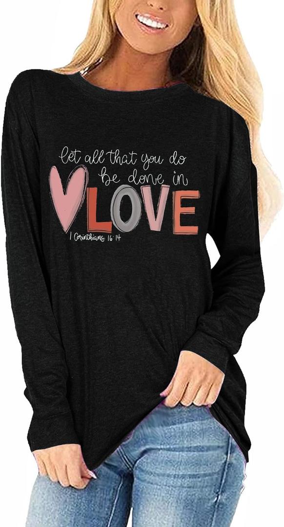 Women's Love Heart Raglans T-Shirts Casual Long Sleeve Valentine's Wife Day Graphic Tees Tops L