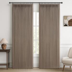 PleatedDrapes Textured Linen Blackout Curtains 90 Inches Long for Dining Room, Pleat Dark Flax Thermal Insulated Window Drapes Room Darkening Floor Length 90 Inch Curtain 2 Panel Set with Metal Rings