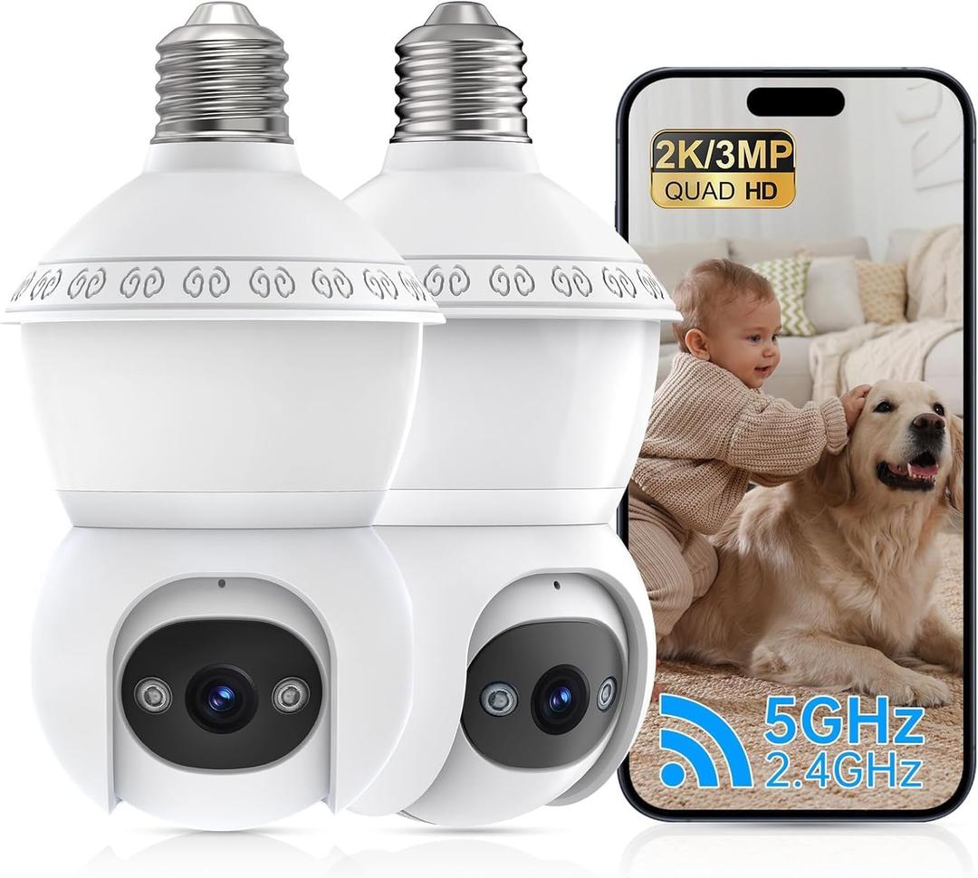 Light Bulb Security Camera, 2.4G/ 5GHz WiFi 2K Security Cameras Wireless Outdoor, Bulb Cameras for Home Security, AI Human Detection and Alarm, 2 Way Talk, Color Night Vision, Compatible with Alexa 2PCS