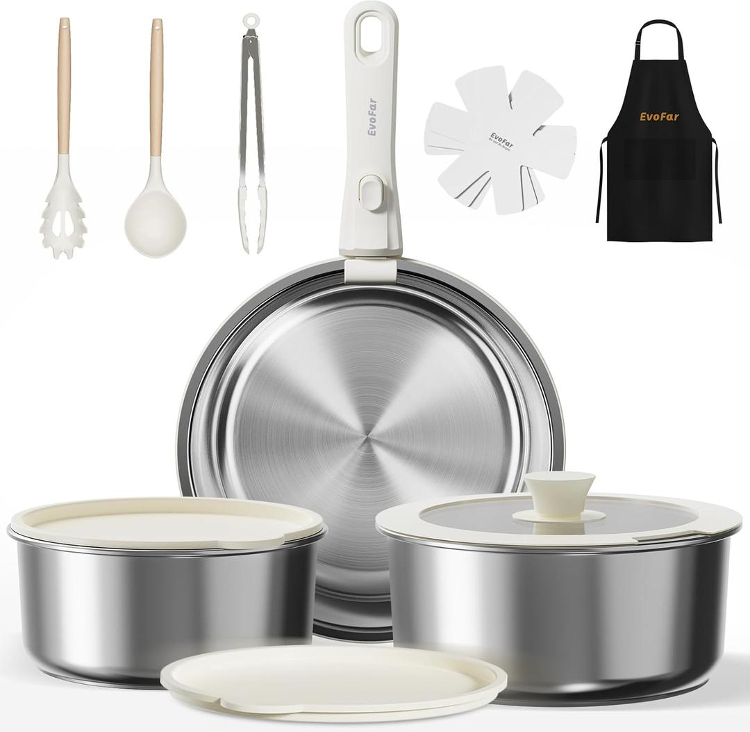 14 pcs Stainless Steel Cookware Set, Detachable Pots and Pans Set with Removable Handle, Non Toxic Space Saving RV Camping Cookware Set, Induction Cookware, Dishwasher & Oven Safe