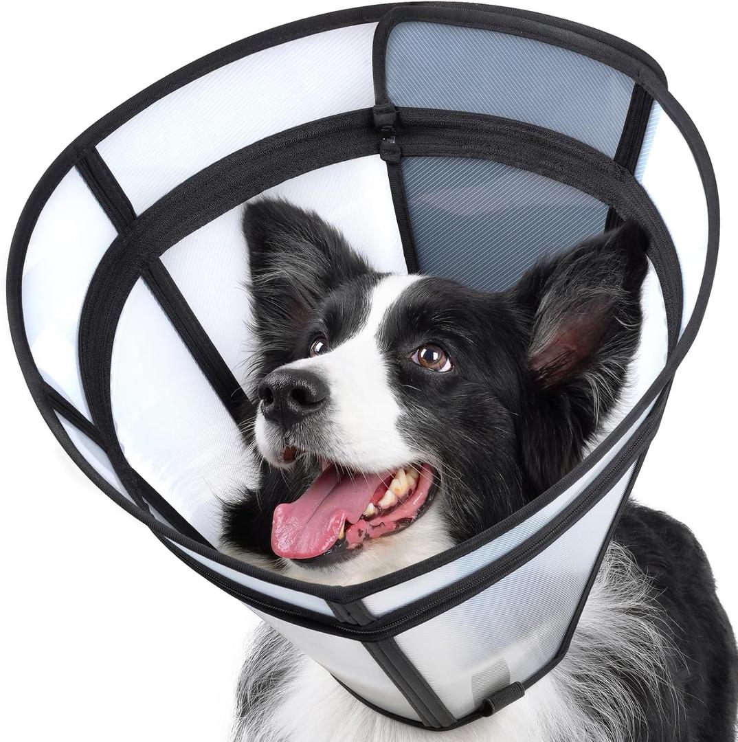 Dog Cone, Transparent Recovery Collar for Large Medium Small Pets, Adjustable Length, Soft Cone for Dogs to Stop Licking, Padded Elizabethan Collar with Elastic Loops After Surgery Patented, L