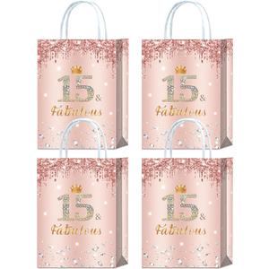 Brattol 16 Pieces Rose Gold 15 & Fabulous 15th Birthday Party Favors Bags,Happy 15th Birthday Girl Gift Snacks Treat Candy Favors Bags with Handles for Girls 15th Birthday Party Decorations