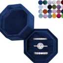 Velvet 3 Slots Jewelry Ring Box Engagement Wedding Box Keepsake Box Bridal Photo Ring Triple Slots Octagon (Navy Blue)
