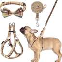 Dog Harness with Leash and Bow Tie Collar Set - Beige Plaid Puppy Harness, Escape Proof Adjustable No Pull Dog Vest for Outdoor Walking, Fit for Small Medium Large Dogs XS (XS(Chest Girth:12''-14.9''))