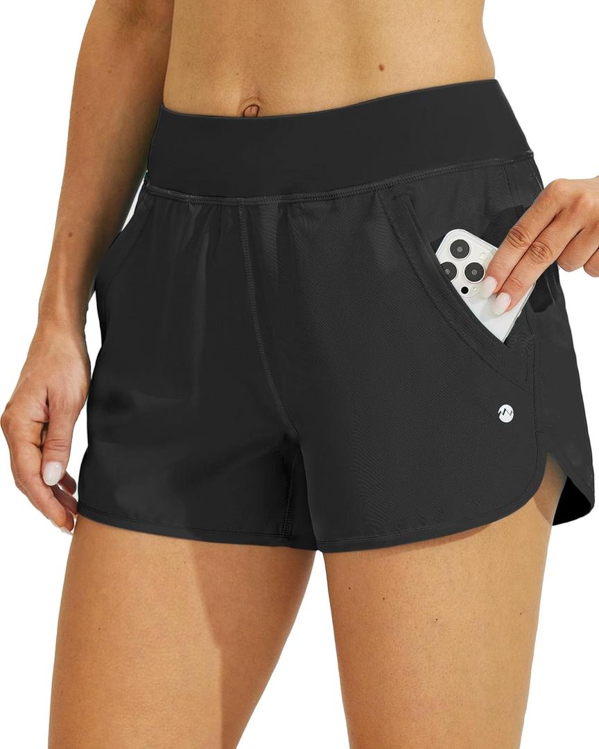 Willit Women's 3" Swim Board Shorts Swimming Bottoms with Brief Liner Quick Dry UPF 50+ (Black)