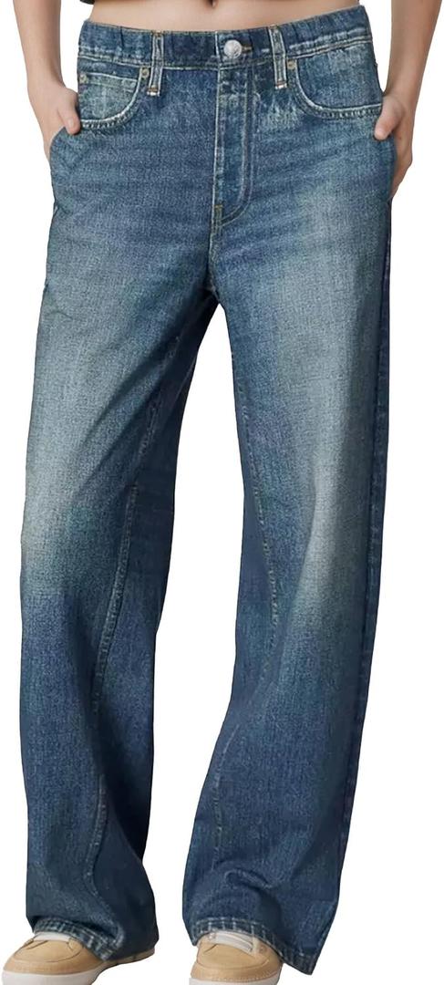 Women's Wide Leg Jeans Look Like Denim Cotton Terry Pull-On Print Denim Sweatpants with Elastic Waistband, Size M