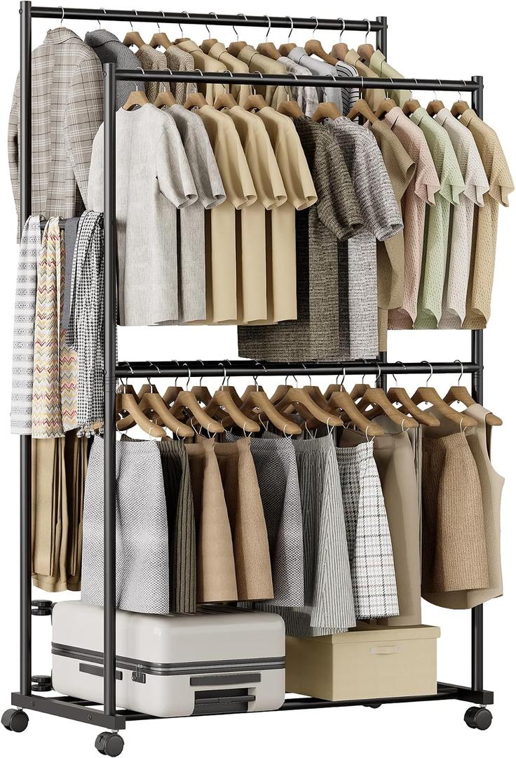 Clothes Rack - 36.2" x 21.3" x 72", 4-Bar Double Rod Rolling Metal Clothing Rack for Hanging Clothes, Portable Garment Rack with Wheels for Bedroom Laundry, Closet Wardrobe, Black