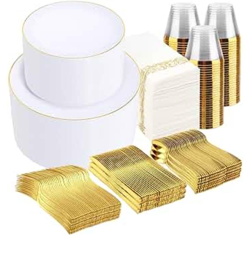 Supernal 700PCS Gold Plastic Dinnerware Set - Includes 100 White and Gold Plates Disposable, 100 Dessert Plates, 100 Plastic Silverware Set, 100 Cups 9 OZ, 100 Napkins Ideal for Wedding Party Birthday