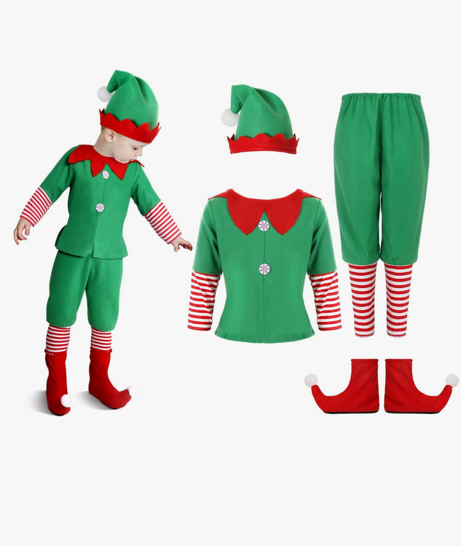Geyoga Kids Christmas Elf Costume Outfits Include Hat Shoes and Other Accessories for Toddler Xmas Cosplay, Size L