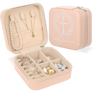 Holy Communion Travel Jewelry Box, First Communion Gifts Jewelry Case for Women, Religious 1st Holy Communion Baptism Gift Small Square Container with Zipper for Rings Earrings Necklaces, Pink (1)