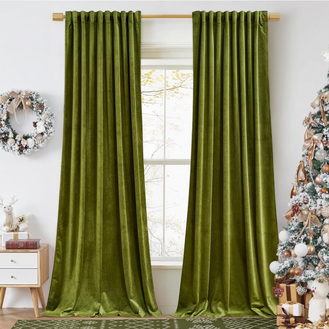 StangH 102 inches Back Tab Velvet Curtains Luxury Olive Green Room Darkening Window Drapes Heavy Thermal Insulated Panels for Sliding Door Bedroom, W52 x L102, 2 Panels
