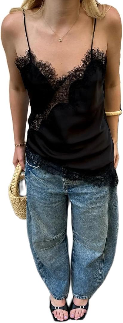 Women Satin Lace Camisole Top Sleeveless Spaghetti Strap Silk Lace Trim Cami Top Asymmetrical Tank Top Streewear (Small, A Fashion Black)