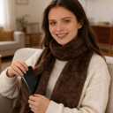 Faux Fur Scarf with Hidden Zipper Pocket, Womens Scarf with Pockets, Pull Through Winter Scarfs for Cold Weather, Brown