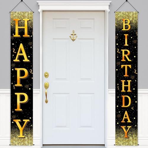 Happy Birthday Banner, Black Gold Birthday Porch Sign - 71x12 Inch Birthday Party Decorations for Men, Women, Boys & Girls, Photo Booth Backdrop