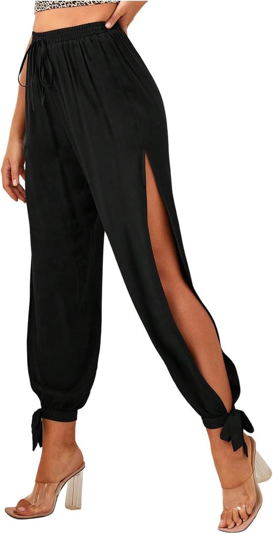 WDIRARA Women's High Waisted Slit Harem Pants Bow Tie Drawstring Cropped Trousers (Black, L)