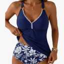 Aleumdr Tankini Swimsuits for Women 2 Piece Tummy Control Bathing Suit V Neck Tankini Top with High Waisted Bottom, XL