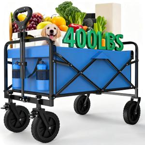 OLIXIS Wagon Cart, Heavy Duty 400 LBS Foldable Collapsible Large Wagons Carts with Wheels Smooth Maneuverability for All-Terrain, Suitable for Gardening, Camping, Beach - Blue (35IN)