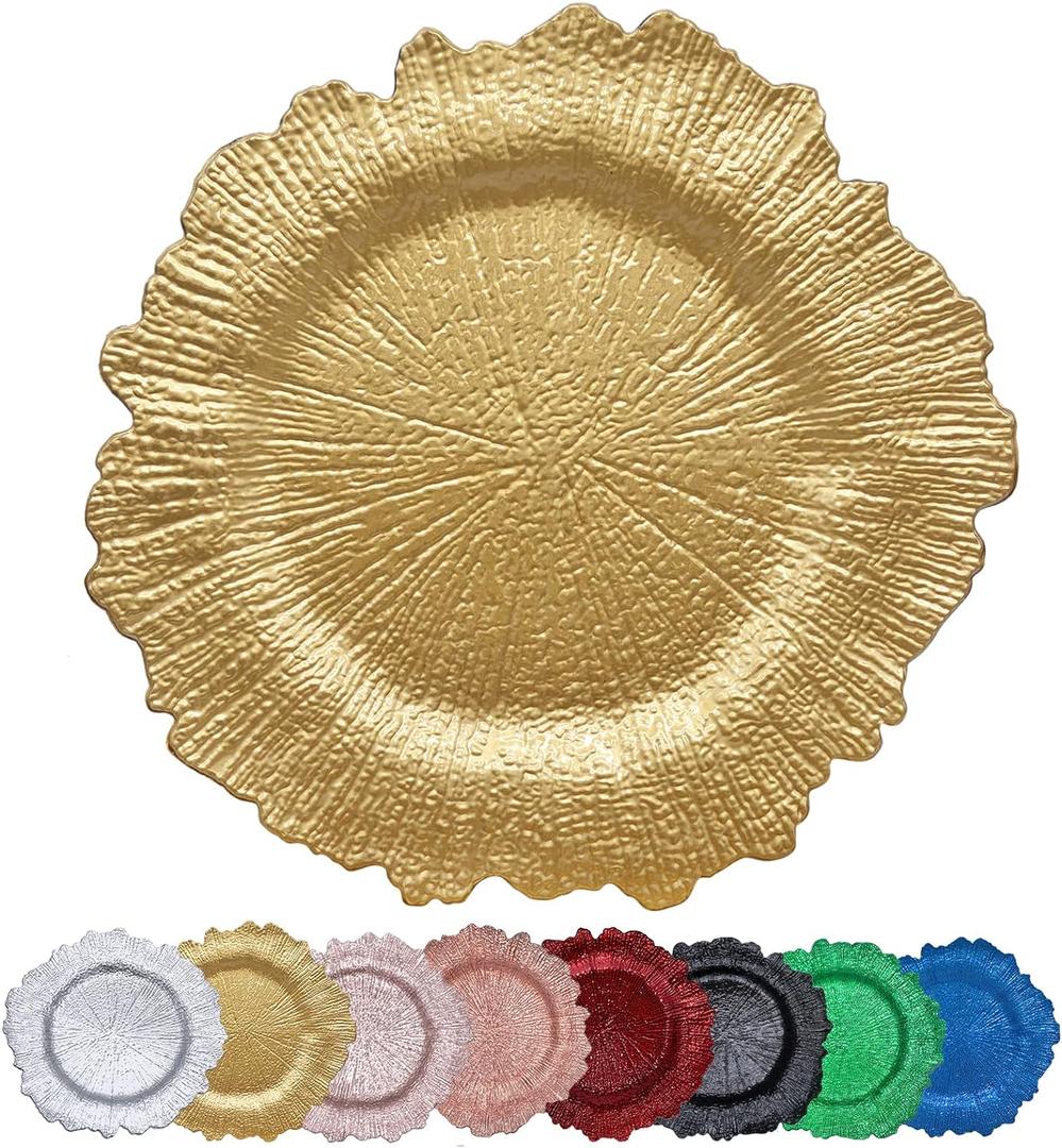 Gold Reef Charger Plates 10PCS, 13inch Plastic Floral Charger Plates Wedding for Dinner,Wedding,Party,Event,Decoration(Reef Gold10)