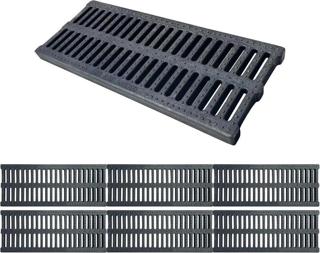 A15 6 Pack Polymer Plastic Channel Drain Grate-19.7x7.9x1 in Durable Trench Cover,Total Length 118 in Polymer Drain Strainer,Outdoor Drain Grates for Yard Sidewalk Patio Houseside