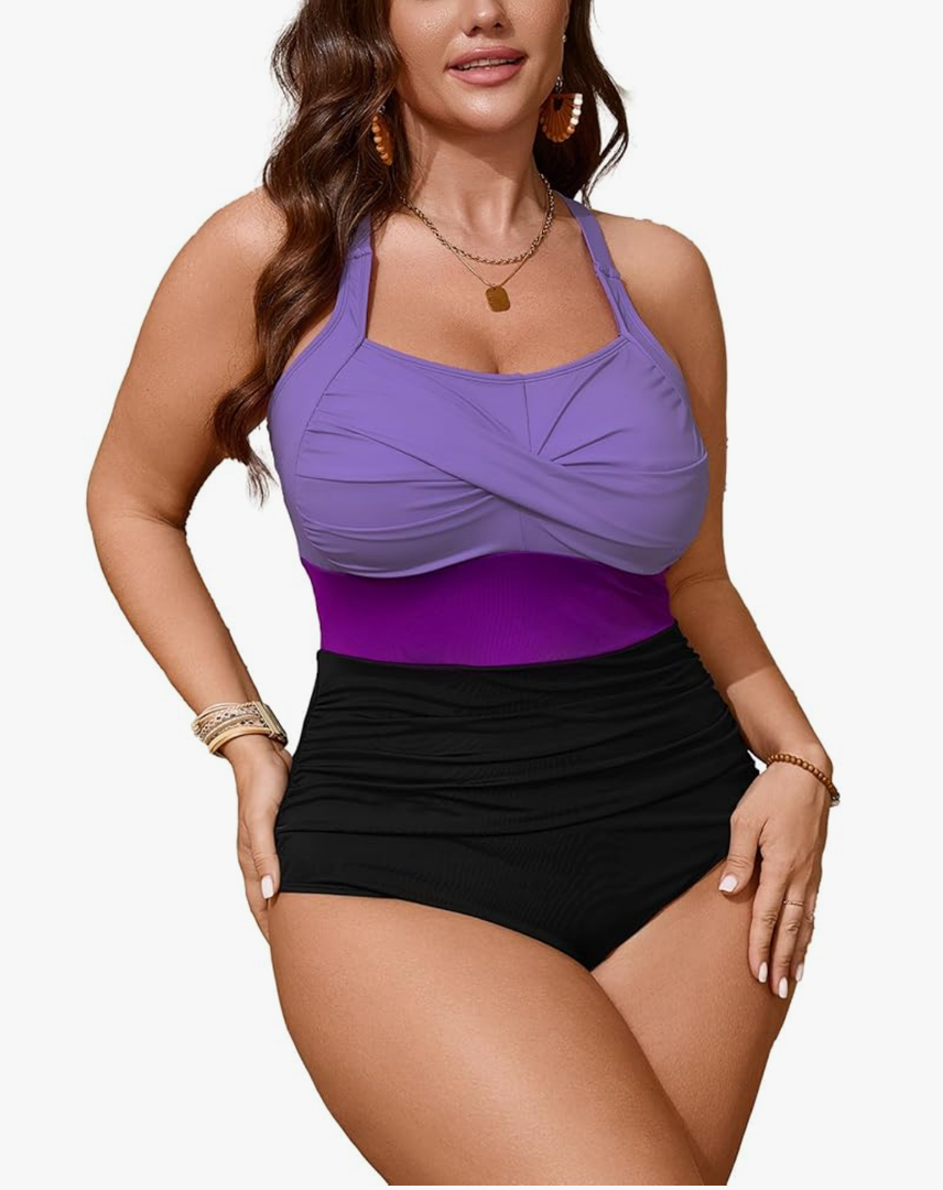 SCOMCHIC Women Plus Size One Piece Swimsuit Tummy Control Bathing Suit Color Block Ruched Swim Suits Swimwear 3XL