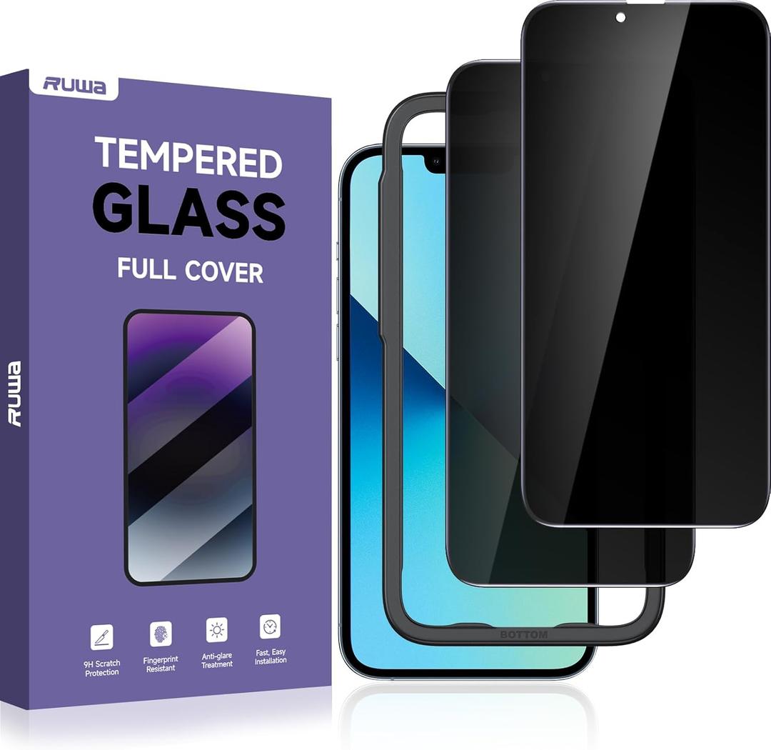 ruwa Privacy Screen Protector for iPhone 13 Pro Max/14 Plus [6.7 Inch][2-Pack] Anti-peep Tempered Glass Film with Easy Installation Alignment Frame