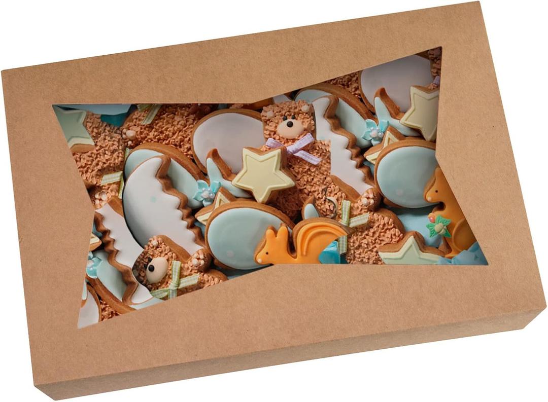 15-PACK Brown Pastry Bakery Box 12x8x3 inch, Large Donuts, Muffins, Cookies Boxes with PVC Window - Auto-Pop up Nature Kraft Paper Box Container, Pack of 15 (Brown, 15)