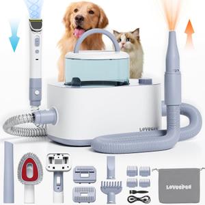 LOVEEPEE Dog Grooming Vacuum Kit, Dog Vacuum for Shedding Grooming Hair Dryer Kit, 9-in-1 Pet Brush Vacuum with Electric Pet Clippers, 21KPa Adjustable Speed & Temperature - 3L Dust Box