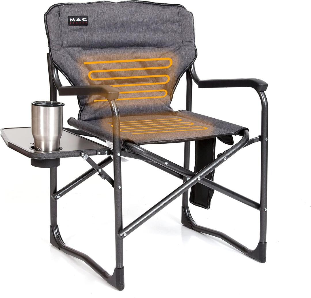 MacSports Heated Camping Padded Side Table| Battery NOT Included Director Chair, Gray