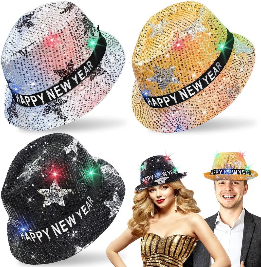 3 Pack Happy New Years Hats Sequin LED Light Up Top Hats New Years Eve Party Supplies 2026, Black Gold Sliver Party Hats New Years Accessories for Women Men Adult Photo Props Birthday New Years Party