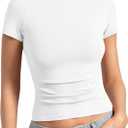 Womens Basic Non See ThroughT Shirts Crew Neck Crop Tops Double Lined Short Sleeve for Workout Compression Tee Y2K (White, S)