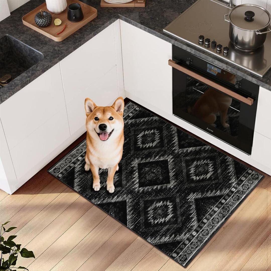 Area Rug 2x3 Rug Machine Washable Non-Slip Low Pile Print Pattern Western Rug for Living Room Bedroom Entryway Tribal Series-Black