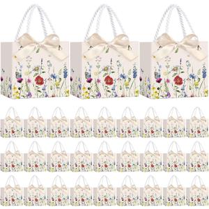 Moinchore 30 Pcs Wildflower Butterfly Paper Gift Bags Bulk 5.5 x 4.7 x 2.5 in Mini Flower Plant Favor Bags with Handles Bow Ribbon Wrap for Floral Birthday Home Wedding Bachelorette Tea Party Supplies
