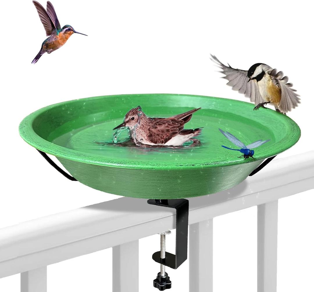Bird Bath Deck Mounted Bowl 12 Inch Metal Bird Baths with Adjustable Sturdy Metal Clamp for Deck Railing Balcony Bird Feeder for Garden Yard and Lawn Decoration-Green