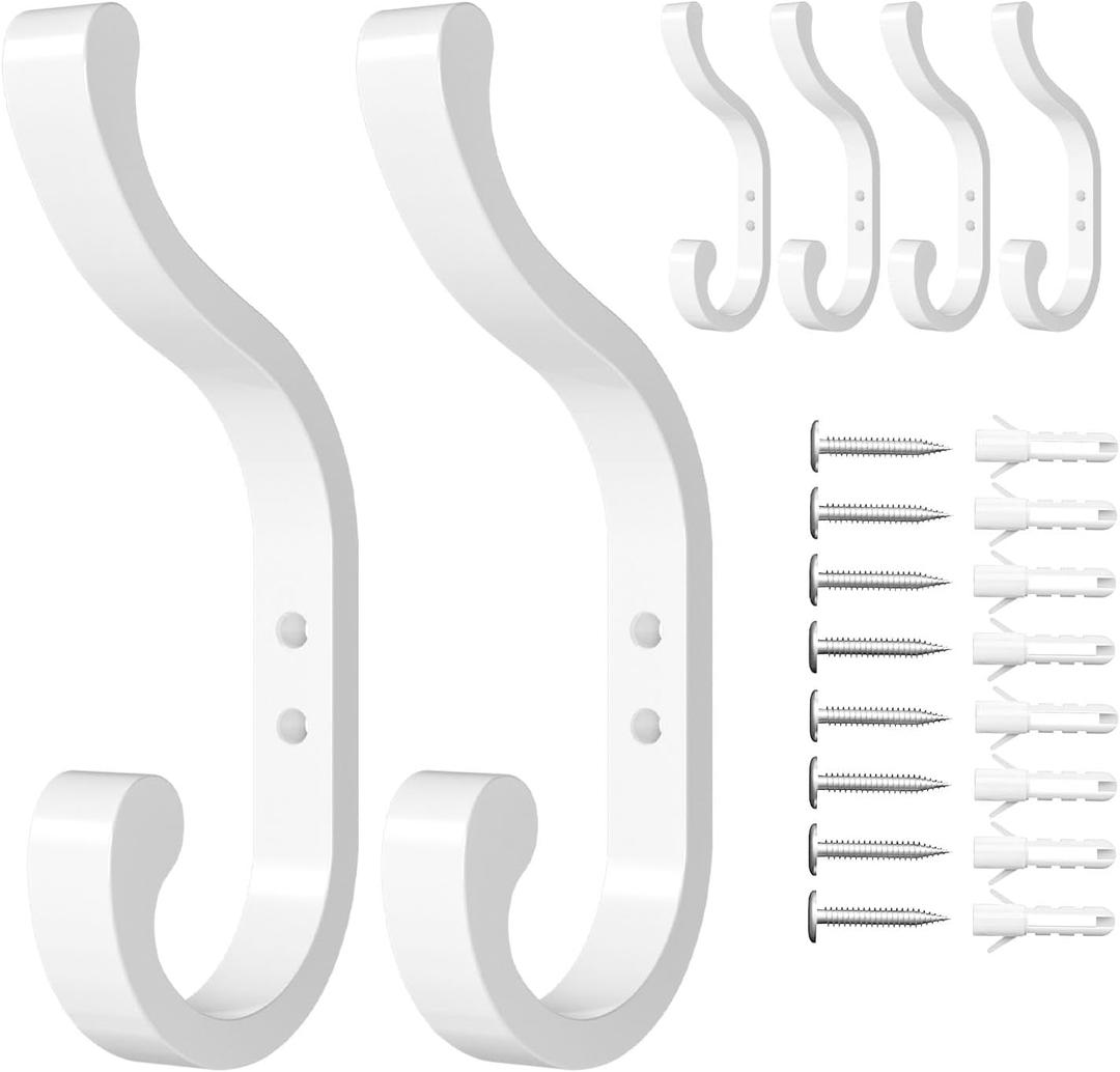 Large Wall Hooks For Hanging Coat: Metal Coat Hooks Wall Mount - Wall Hooks For Hanging Heavy Duty (30Lb) - Screw In Hooks - Mudroom Hooks for clothes, Backpack, Purse, Bathroom Towel (White, 6 Pack)