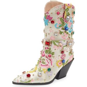 Western Cowboy Boots For Women Flower Embroidered Rhinestone Mid Calf Pointed Toe Chunky Heel Cowgirl Boots (10, White)