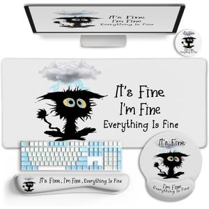 LIMKRIAN Desk Mat Set, Large Gaming Mouse Pad with Wrist Rest, Ergonomic Mouse Pad Keyboard Mat Wrist Support, Cup Coaster, Home Office Desk Accessories Decor Supplies, Funny Black Cat