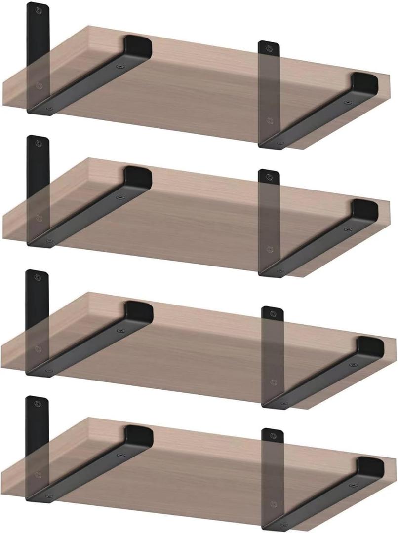 8 Pack - 11.25" L x 6" H x 1.5" W J Lip Shelf Brackets Rustic Farmhouse Iron Wall Floating Shelf Bracket Metal Shelf Bracket Industrial Shelf Supports with Screws Black