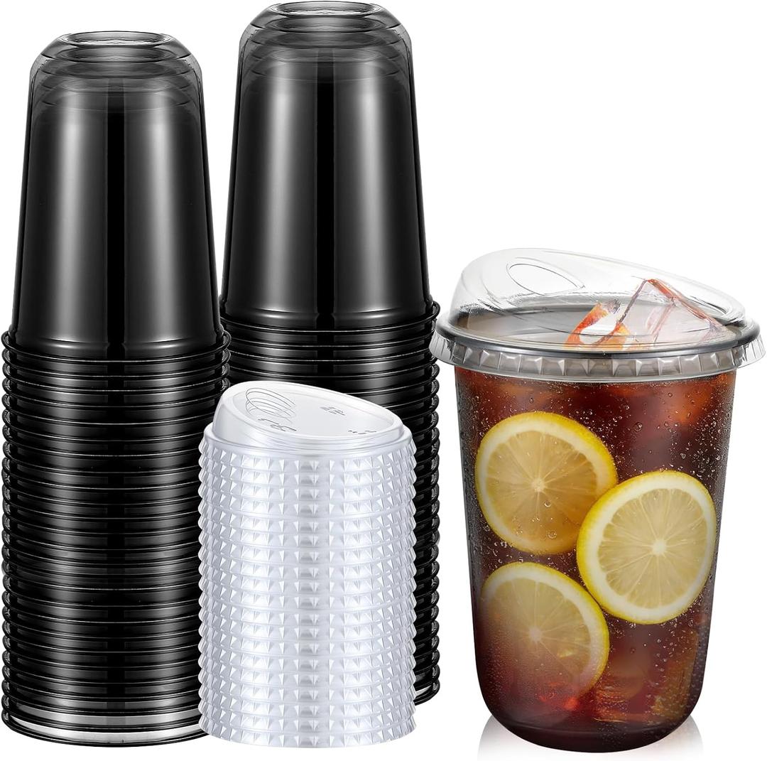 Ziliny 50 Sets Clear Plastic Coffee Cups with Sip Lids, Disposable Plastic PET Crystal Cups for Iced Coffee, Smoothie, Cold Beverage, Drink Shops and Party Catering(Clear Black,16 oz)