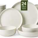 Famiware Milkyway Stoneware Dinnerware Sets with Pasta Bowls, Service for 6 (24 Pieces), Reactive Glaze Plates and Bowls Sets, Microwave and Dishwasher Safe Dishes Set, Matte Beige White