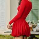 HYPERFIRE Women's Elegant Long Sleeve Scoop Neck Puff Bubble Mini Cocktail Dress Party Club (Red)