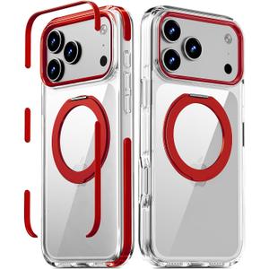 Magnetic for iPhone 17 Pro Max Case with 360 Spin Stand, Compatible with MagSafe, Military-Grade Protection, Detachable Strip, Anti-Yellowing Clear Phone Case for iPhone 17 Pro Max 6.9", Red