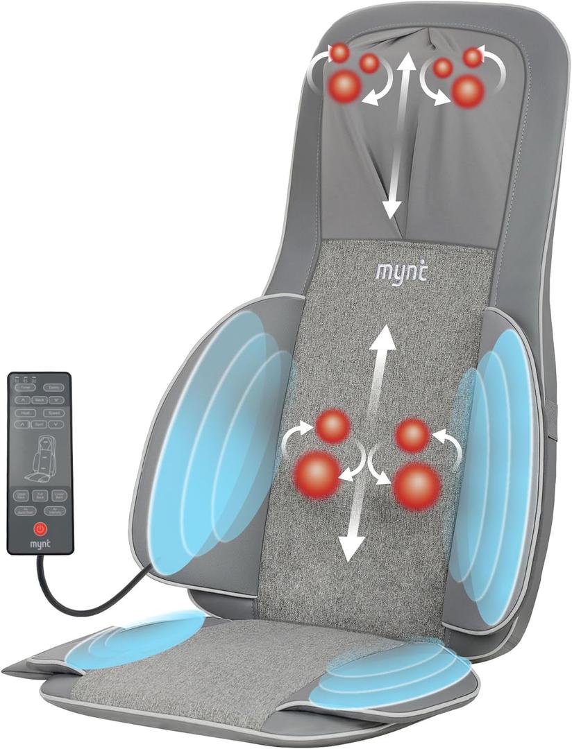 Mynt FSA HSA Eligible 3D Shiatsu Neck and Back Massager for Chair with 10 Deep Kneading Nodes, Adjustable Gray Back and Neck Massager with Heat, Portable Spot Massage Chair Pad with Compression