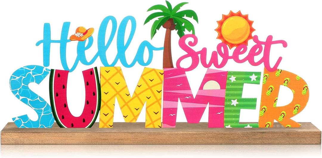 MiniInflat Hello Sweet Summer Metal Sign Summer Decorations for Home Tropical Coastal Table Decor with Wood Base for Home Office Tabletop Centerpiece Decoration Tiered Tray Mantel Shelf Fireplace