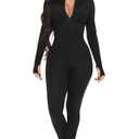 Mizoci Women's Sexy One Piece Jumpsuit Bodycon Long Sleeve V Neck Zipper Full Bodysuit, Small, Black