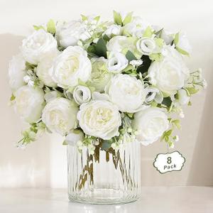 MARTINE MALL 8 Packs Peonies Artificial Flowers, Champagne Artificial Peonies, Silk Peonies Flowers Fake Peonies Artificial Flowers Peonies Bouquet for Centerpiece Table Wedding Party Home Decor