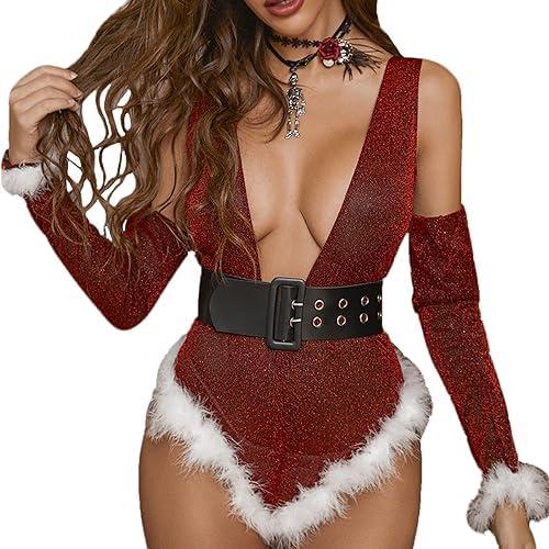 JasmyGirls Sexy Elf Costume Bow Lingerie for Women Naughty Christmas Bodysuit Shiny Santa Claus Outfits Holiday Anime Role Playing L