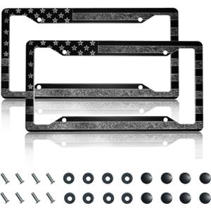 License Plate Frame 2 Pack Front Rear Aluminum Metal Rust-Proof Universal Car Tag Frames Holder with 4 Holes Car Decor Accessory with Screws for Men Women - Black Grey American Flag