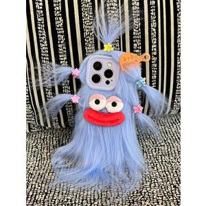 Aeilene Blue Furry Ugly Phone Case for iPhone 17 Pro Max, Cute DIY Long Hair Funny Thick Mouth Warm Plush Cases, 3D Cartoon Silly Fuzzy Winter Protective Cover for Women Girls